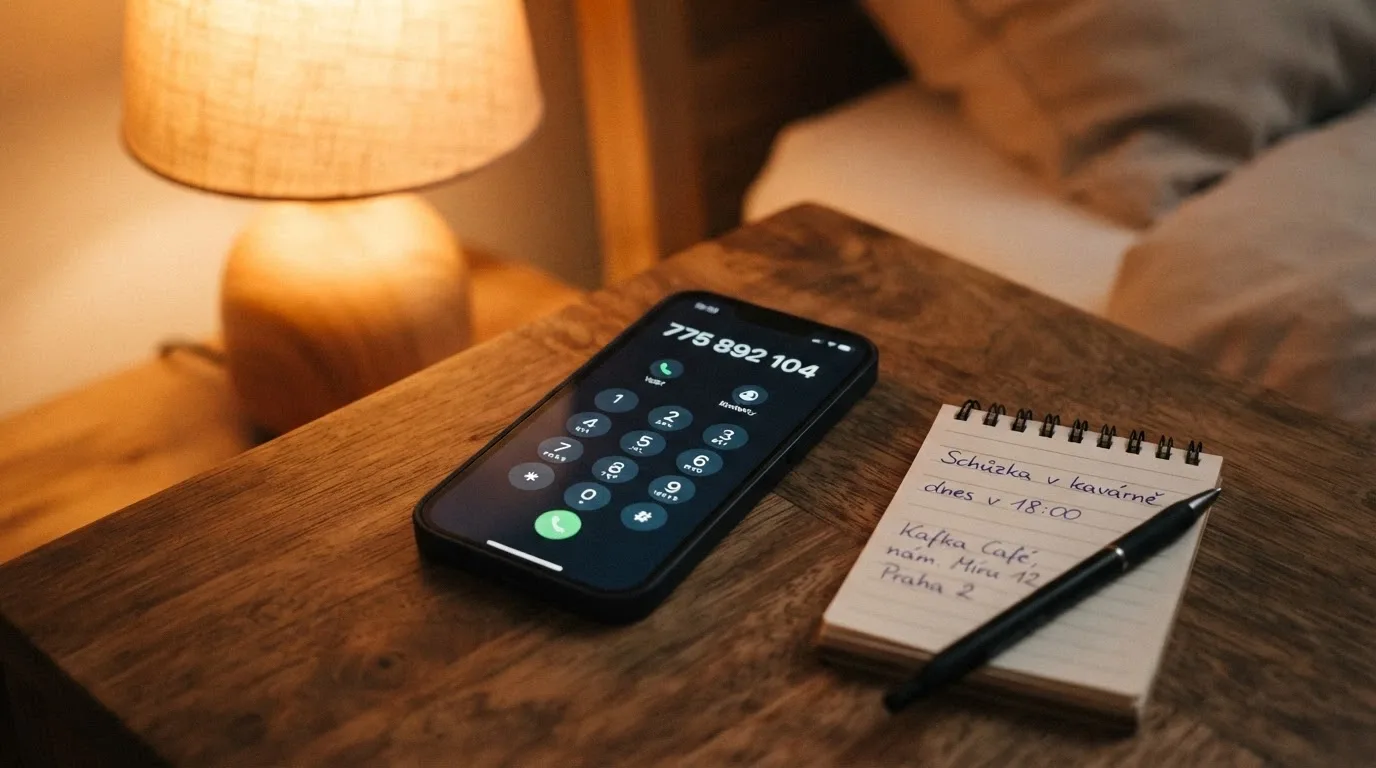 Telefon s vytočeným číslem 777 477 877, vedle poznámkový blok s adresami poraden